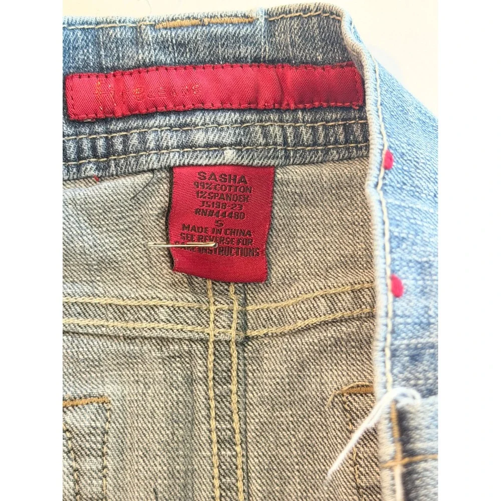 Jeans Sasha Denim Mini Skirt Medium Wash Rhinestone Y2K Raw Hem Size 5‎